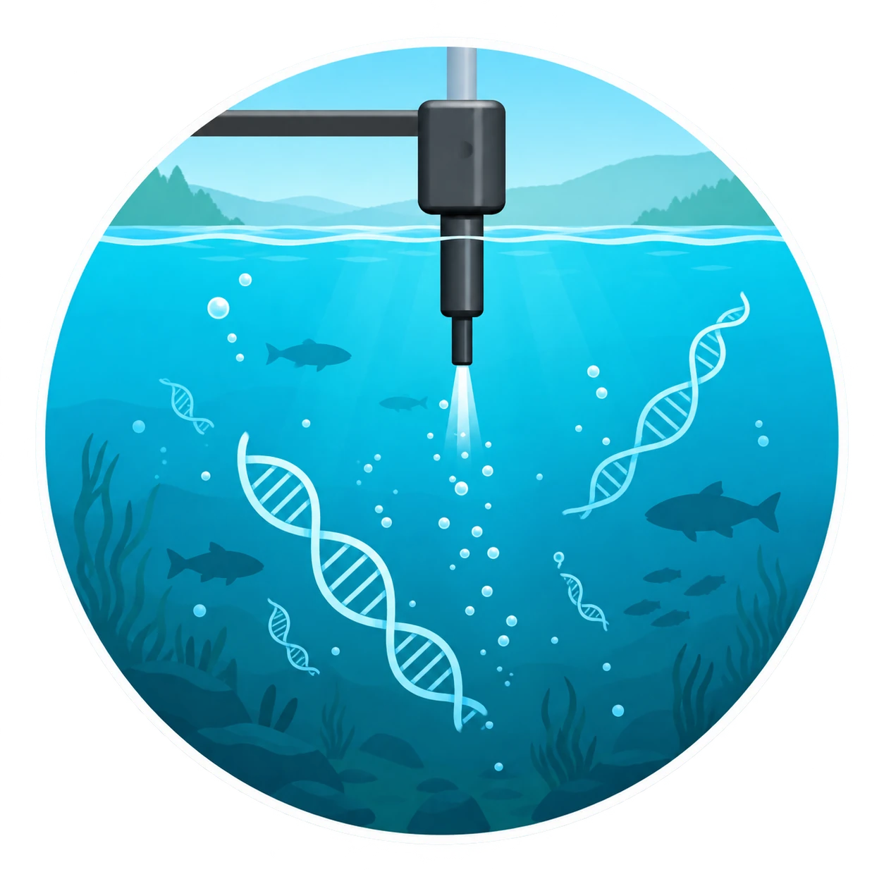 水下自动采样探头、DNA 双螺旋与鱼类的 eDNA 生态监测插画